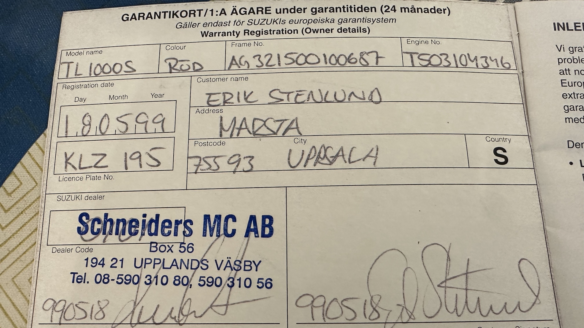 Documentation for 1999 Suzuki TL1000S