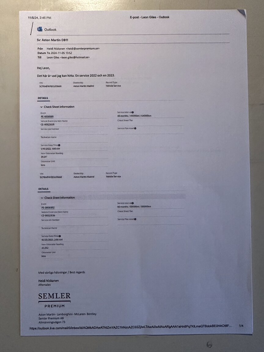 Dokumentation för 2018 Aston Martin DB11