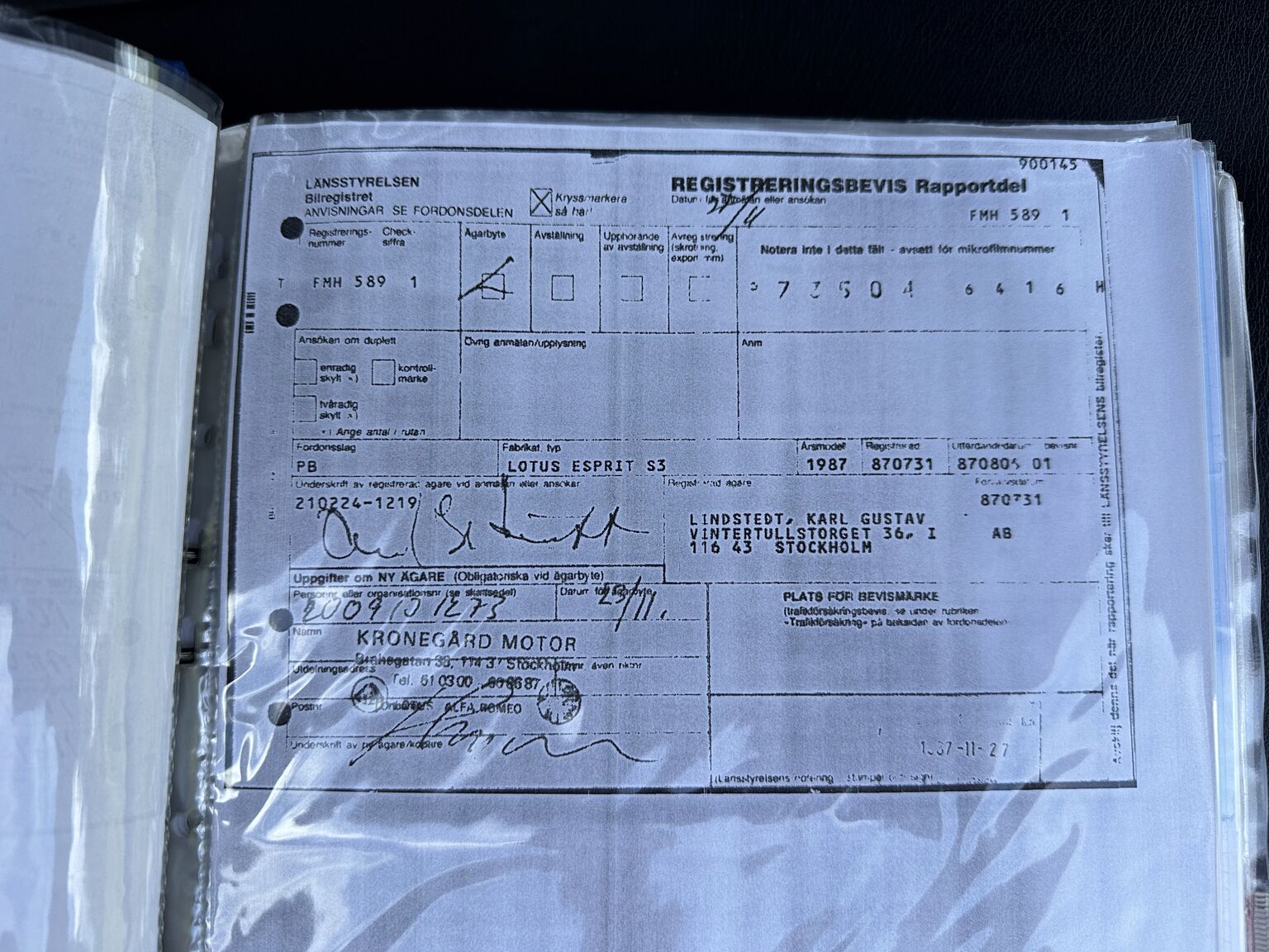 Dokumentation för 1987 Lotus Esprit S3