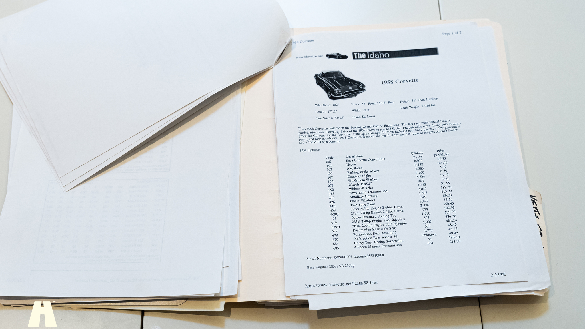 Documentation for 1960 Chevrolet Corvette