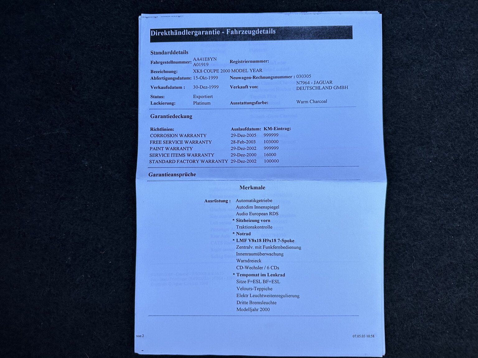 Dokumentation för 2000 Jaguar XK 8