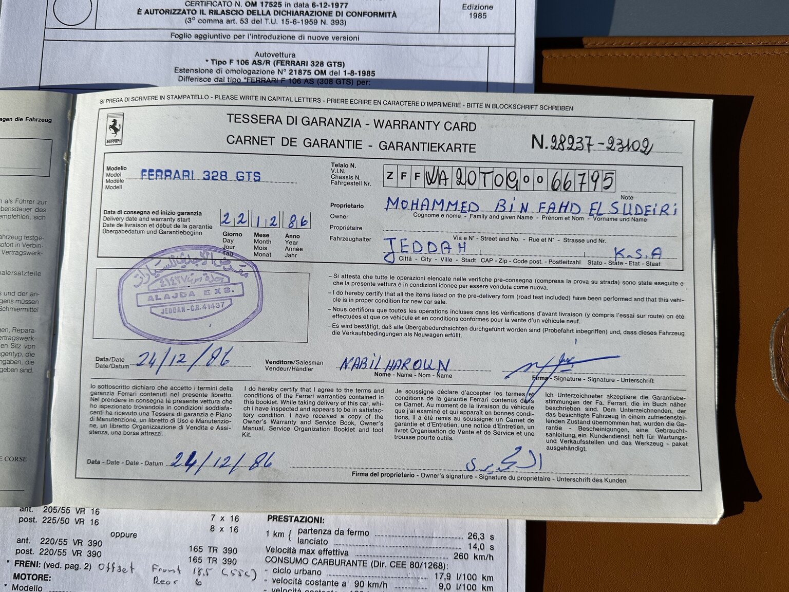 Documentation for 1986 Ferrari 328 GTS