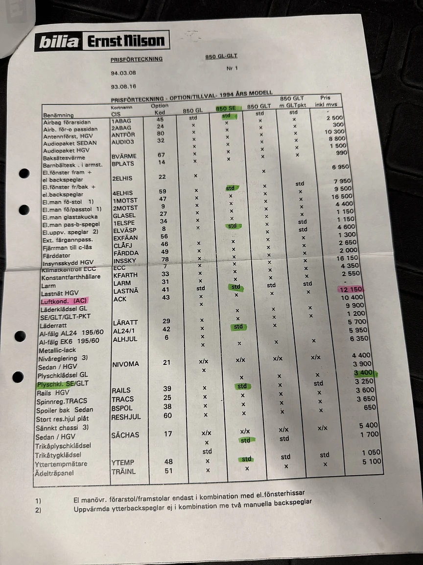 Documentation for 1994 Volvo 850 2.5 SE (17)