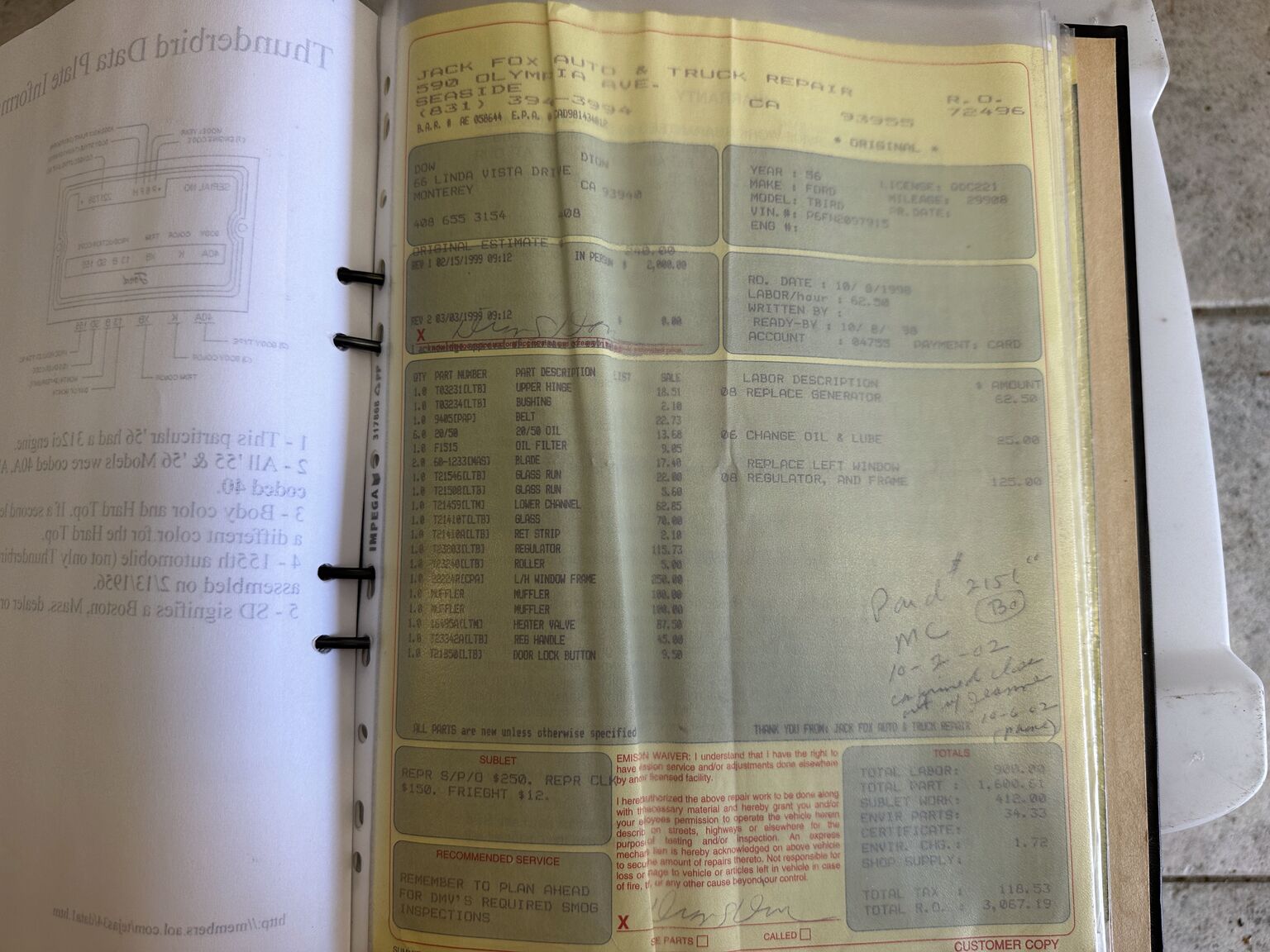 Documentation for 1956 Ford Thunderbird Convertible