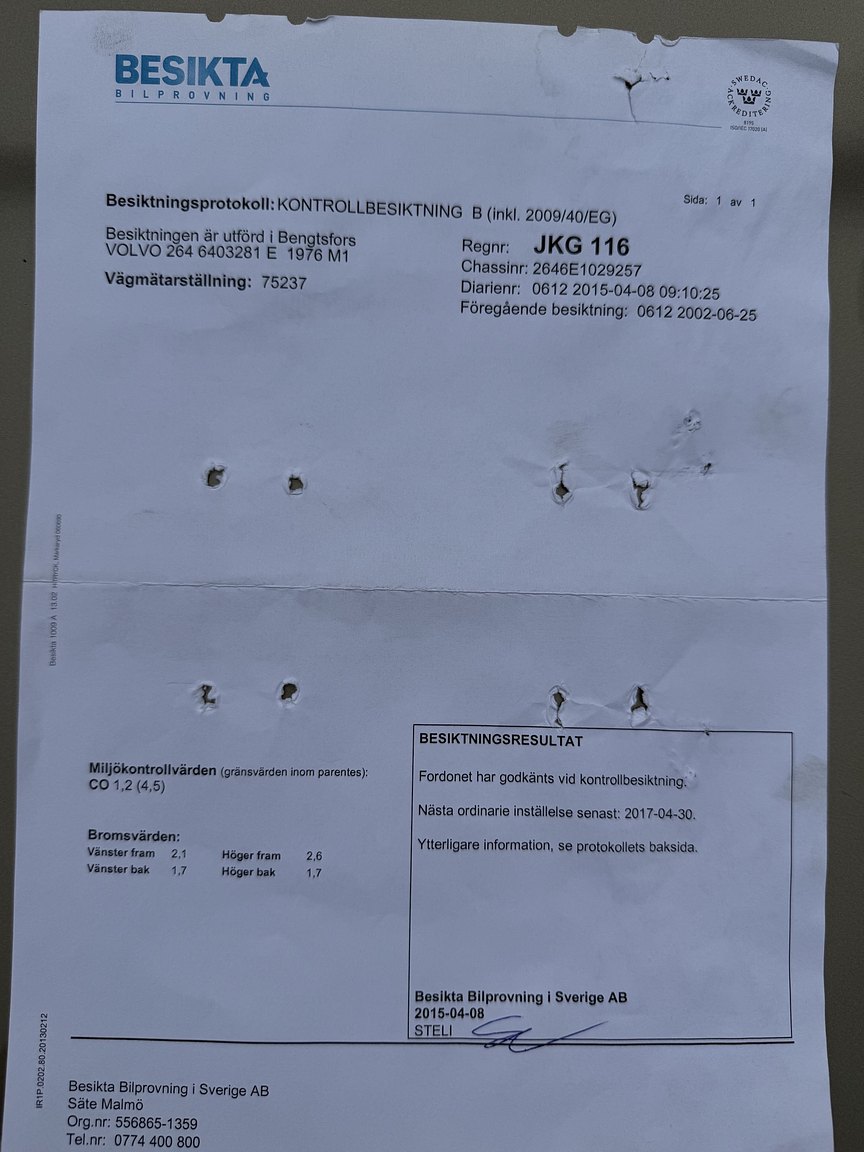 Documentation for 1976 Volvo 264 V6 GL Automatisk