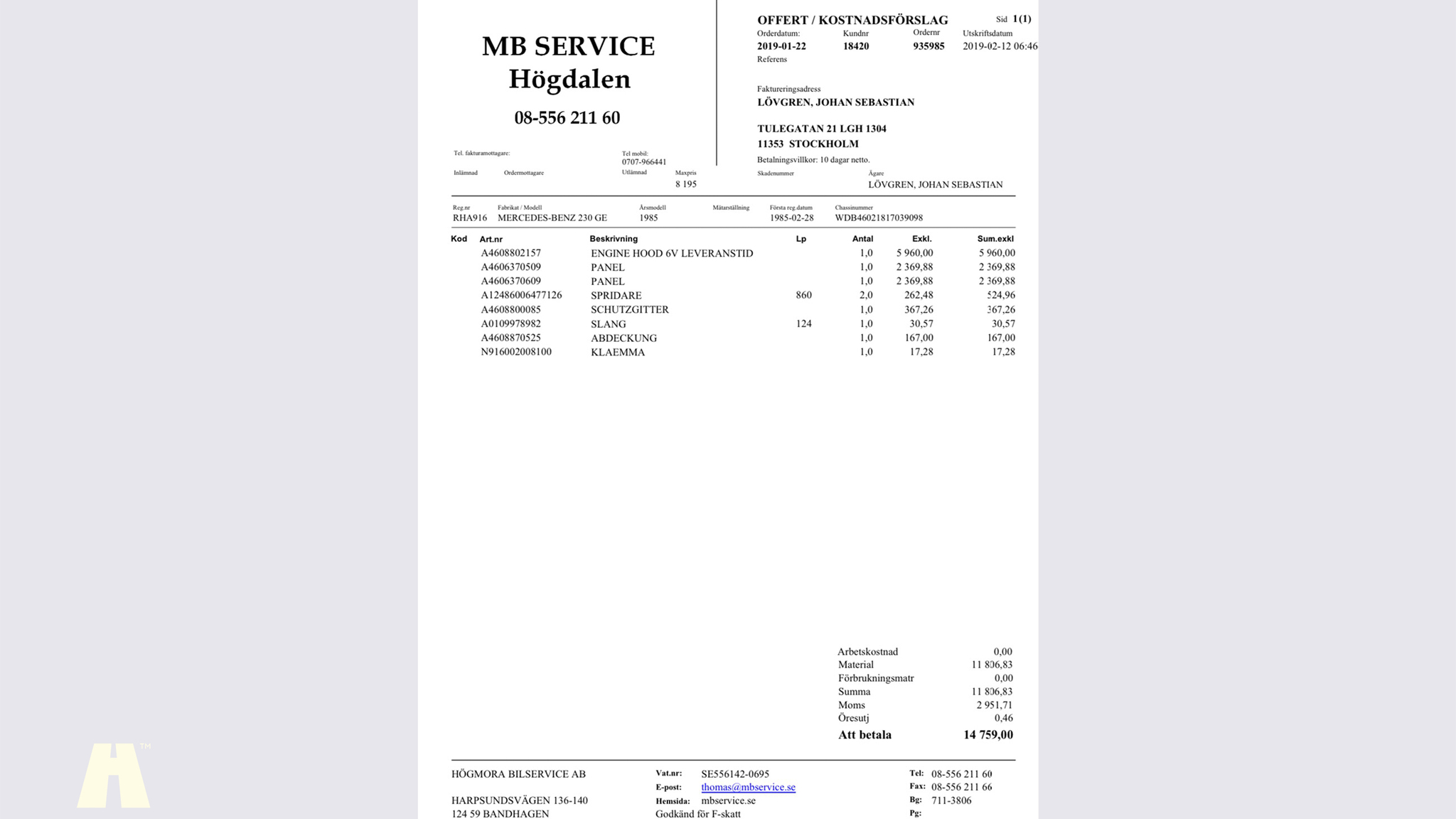 Documentation for 1985 Mercedes 230GE Cabrio