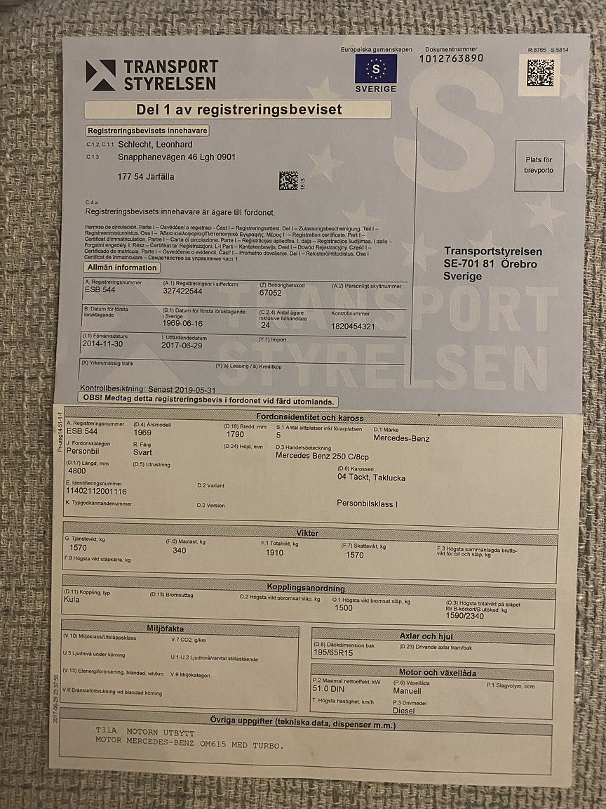 Documentation for 1969 Mercedes-Benz 250 C "Lorinser" Turbo-diesel