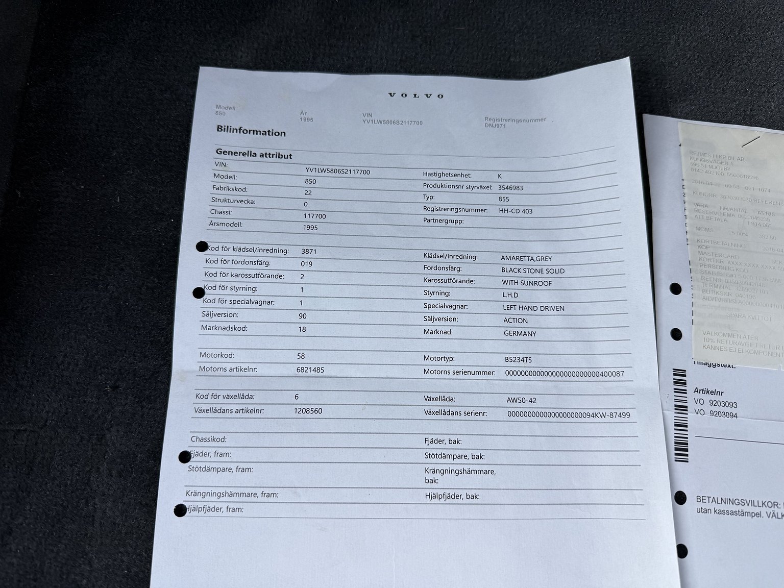 Documentation for 1995 VOLVO 855 T5R T-5R
