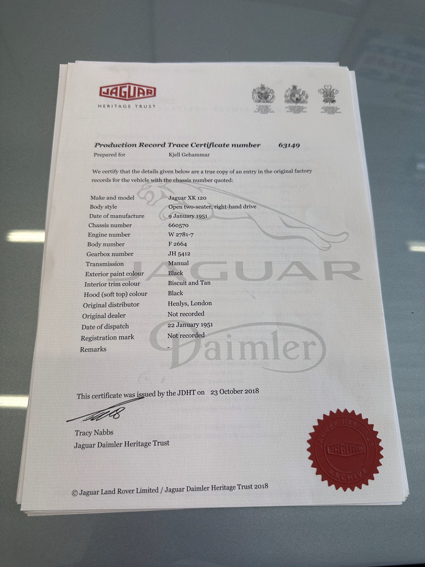 Documentation for 1951 Jaguar XK 120