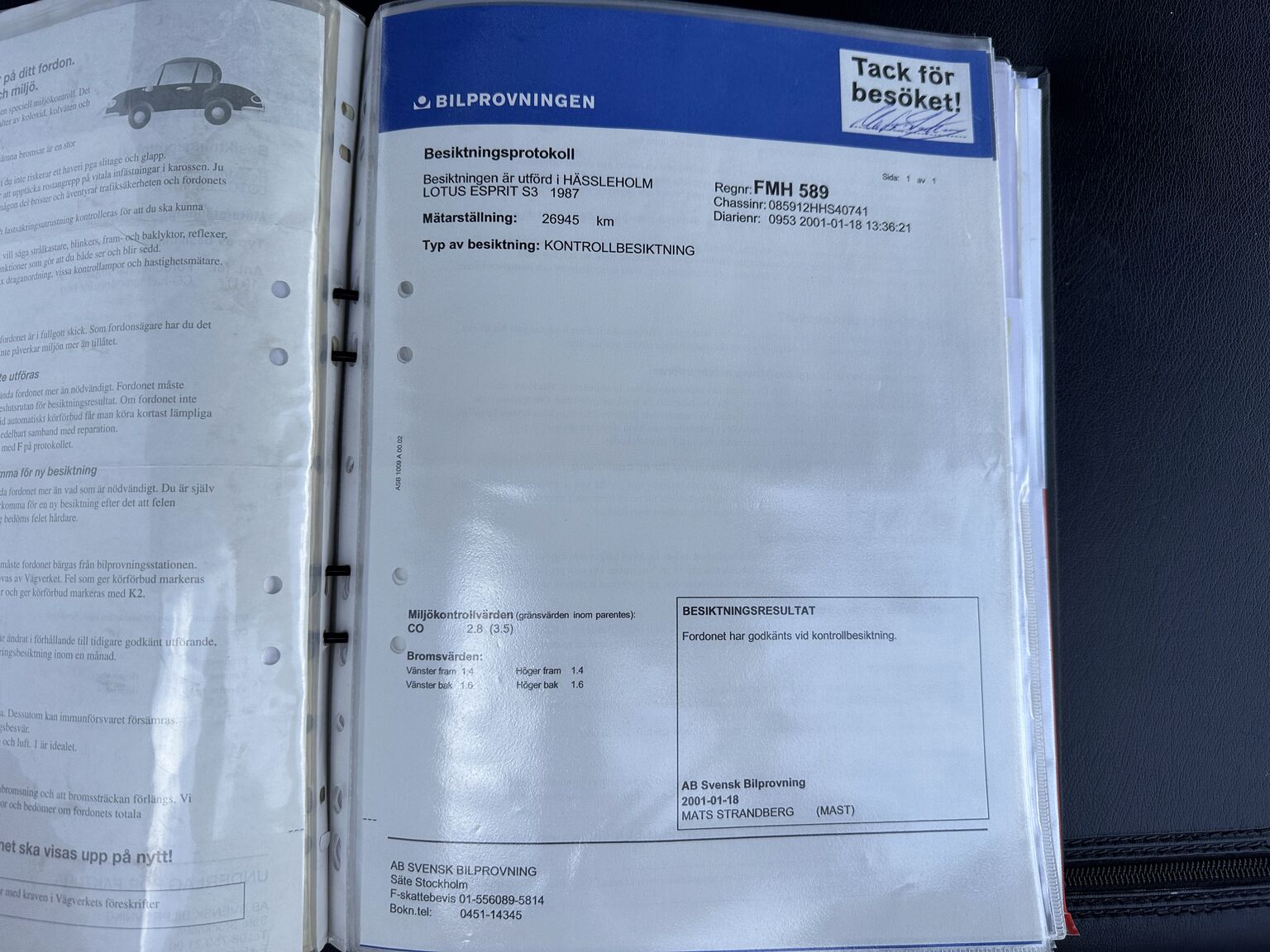Dokumentation för 1987 Lotus Esprit S3