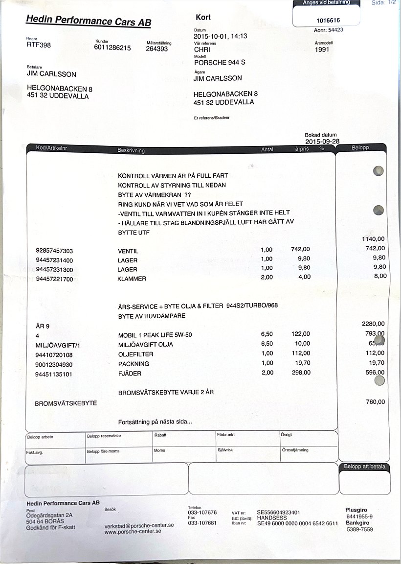Dokumentation för 1991 PORSCHE 944 S2
