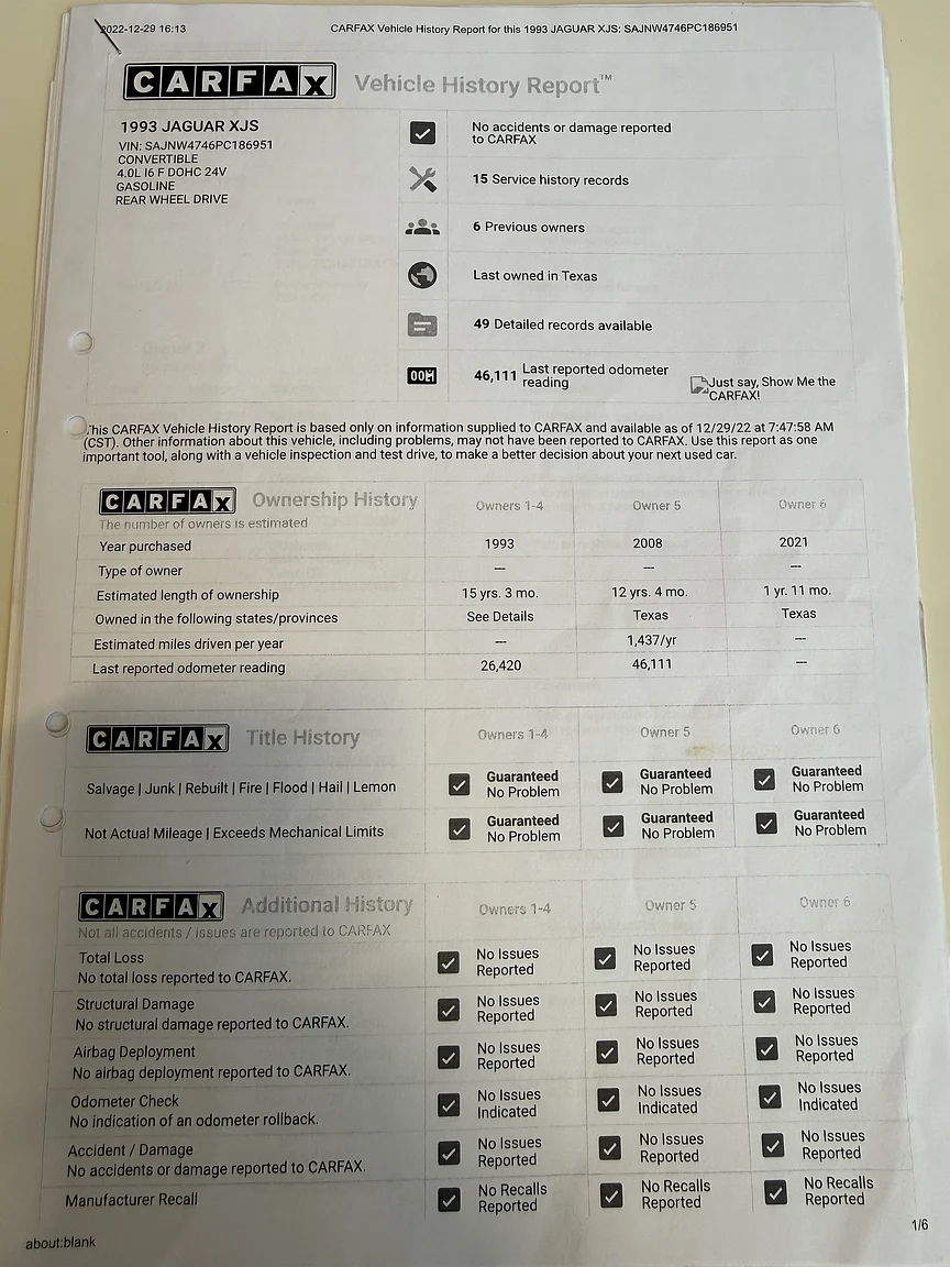 Documentation for 1993 Jaguar XjS Cabriolet (1)