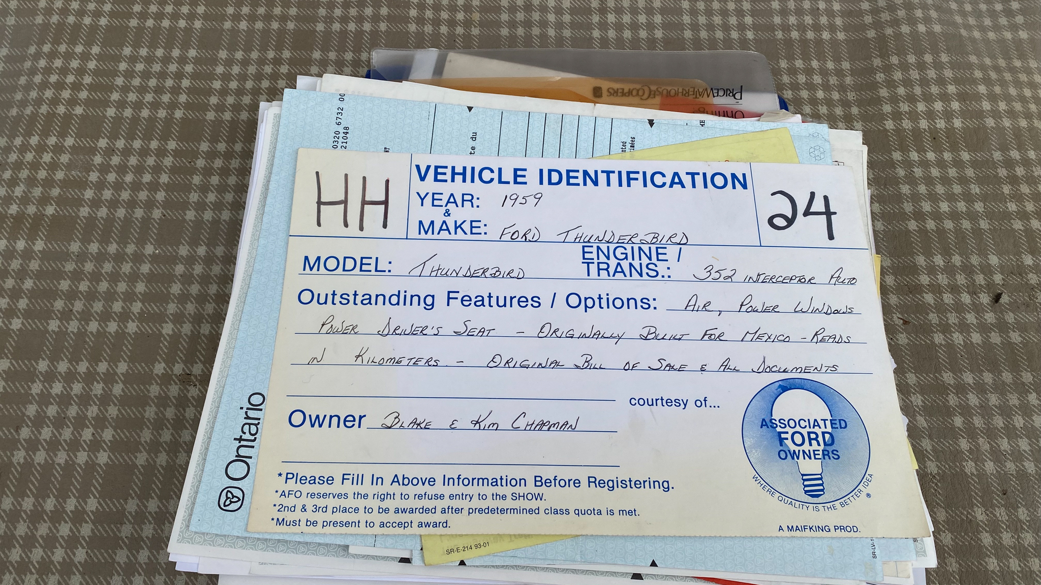 Documentation for 1959 Ford Thunderbird hardtop