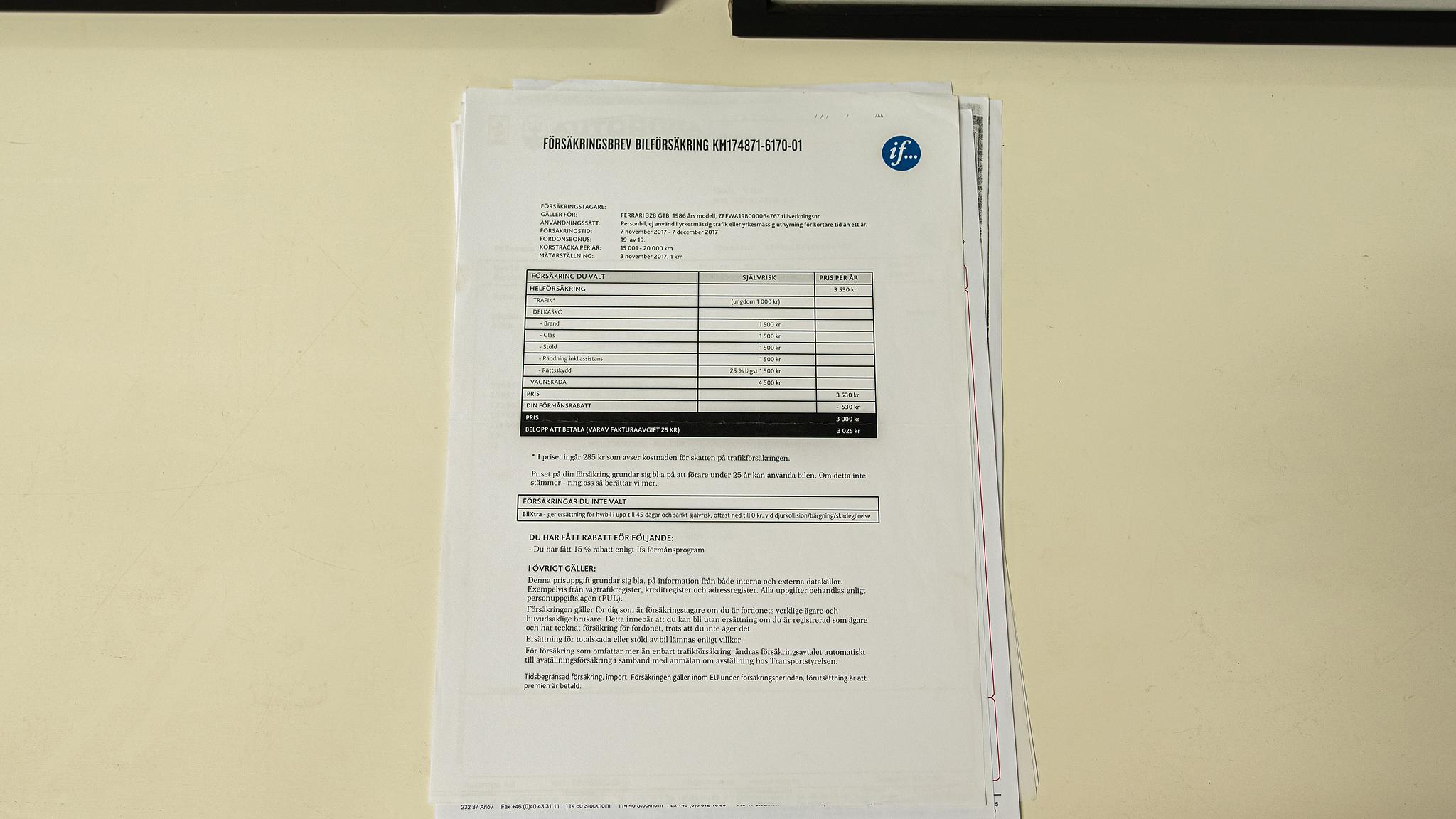 Dokumentation för 1986 Ferrari 328 GTB