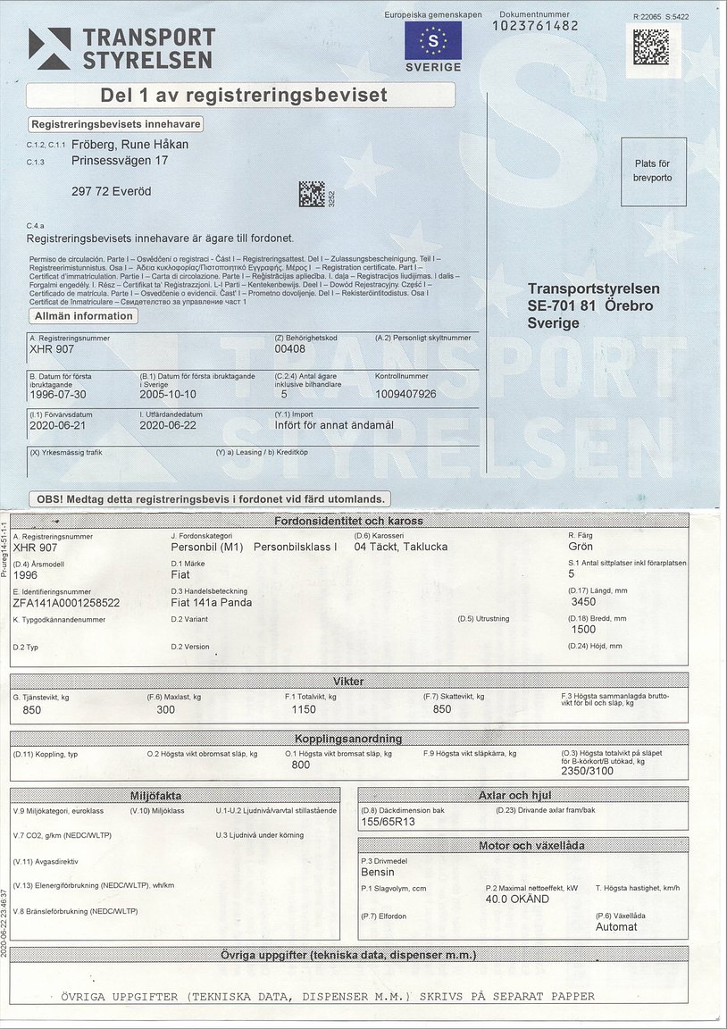 Dokumentation för 1996 Fiat Panda CLX Selecta Tetto Apribile