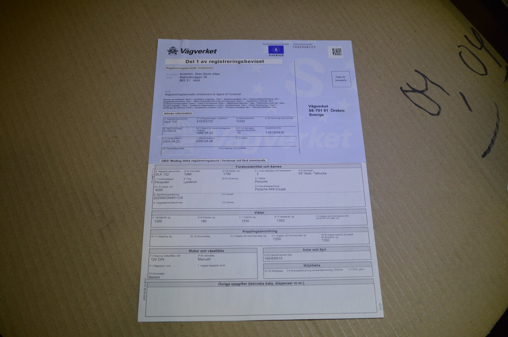 Documentation for 1986 Porsche 944 Coupé