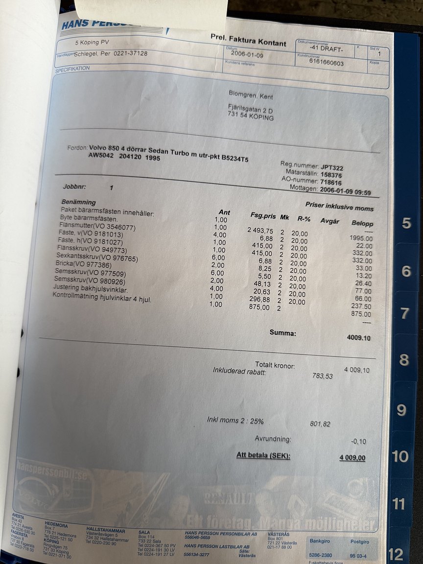 Documentation for 1995 Volvo 850 T-5R