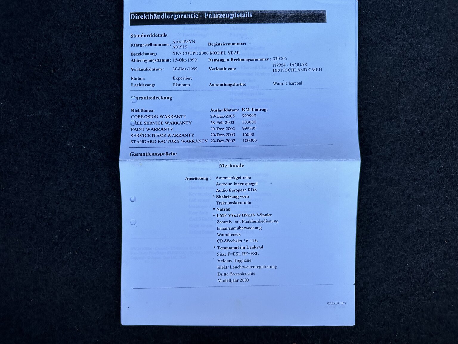 Dokumentation för 2000 Jaguar XK 8