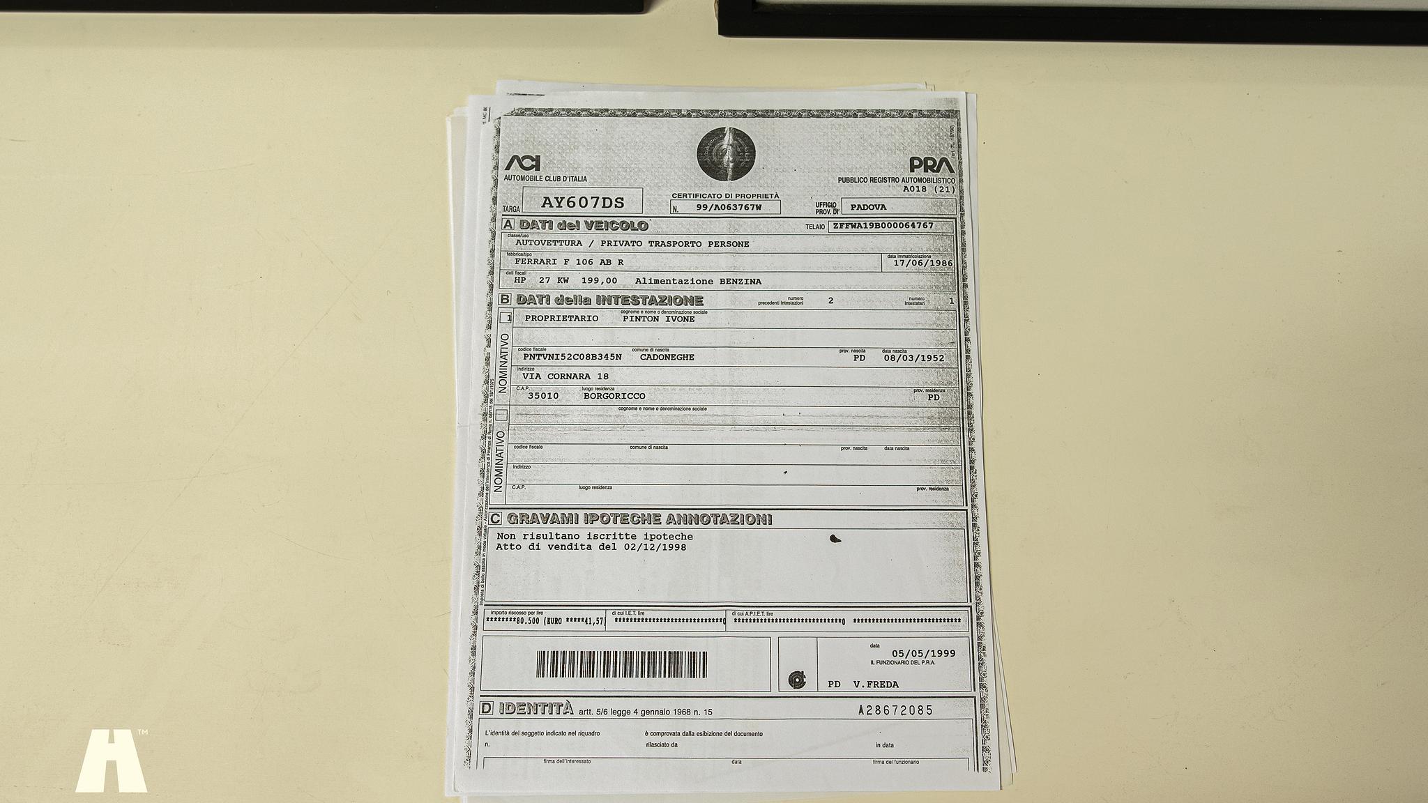 Dokumentation för 1986 Ferrari 328 GTB