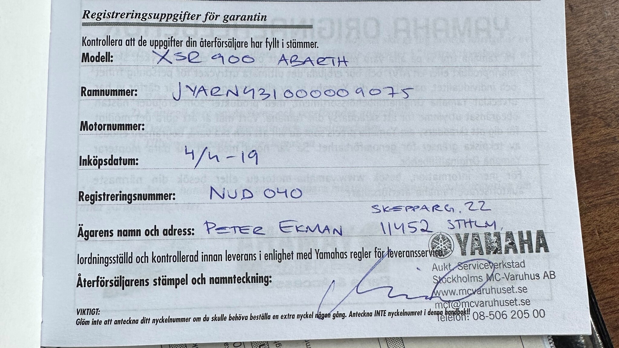 Documentation for 2017 Yamaha XSR 900 Abarth Limited Edition