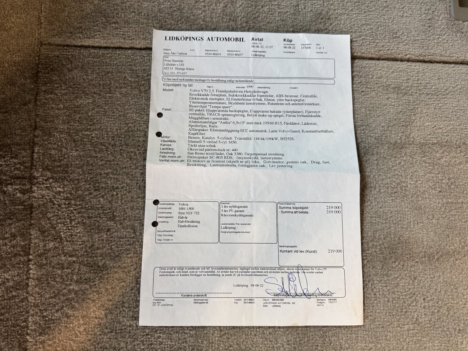 Dokumentation, 1999 Volvo V70 2.5