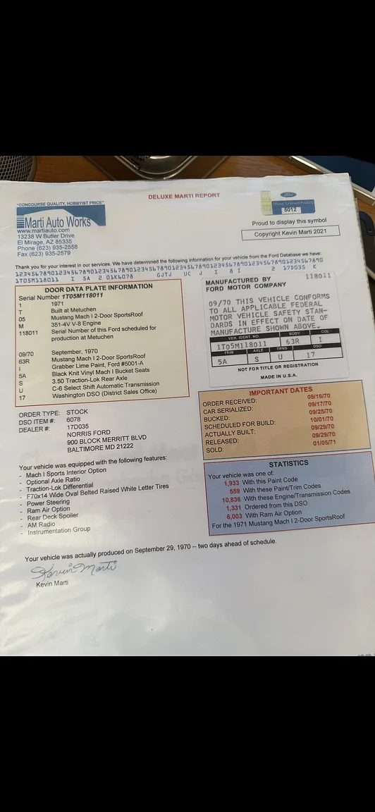 Documentation for 1971 Ford Mustang Mach 1 351cui (1)