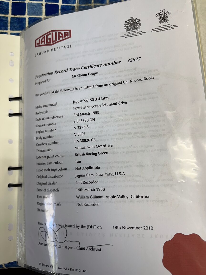 Documentation for 1958 Jaguar XK150