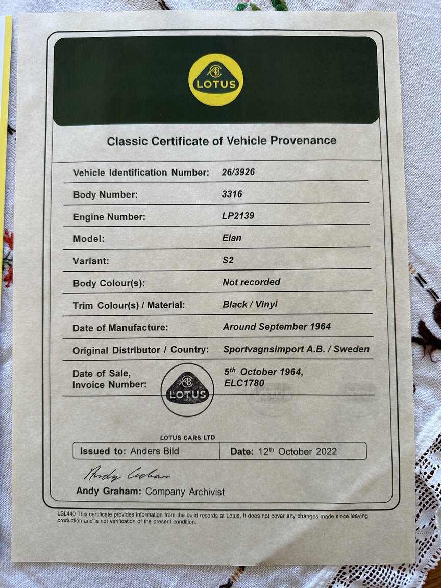 Documentation for 1964 Lotus Elan S2