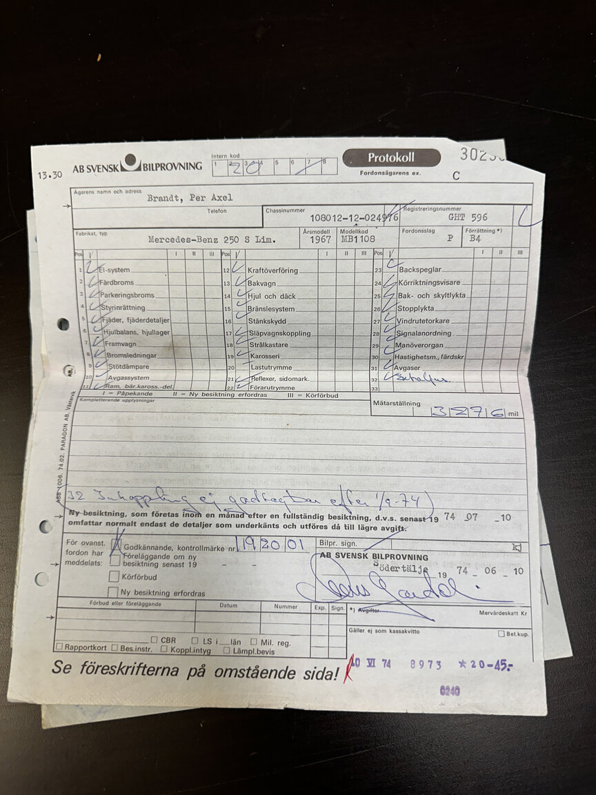 Documentation for 1967 Mercedes-Benz 250 S