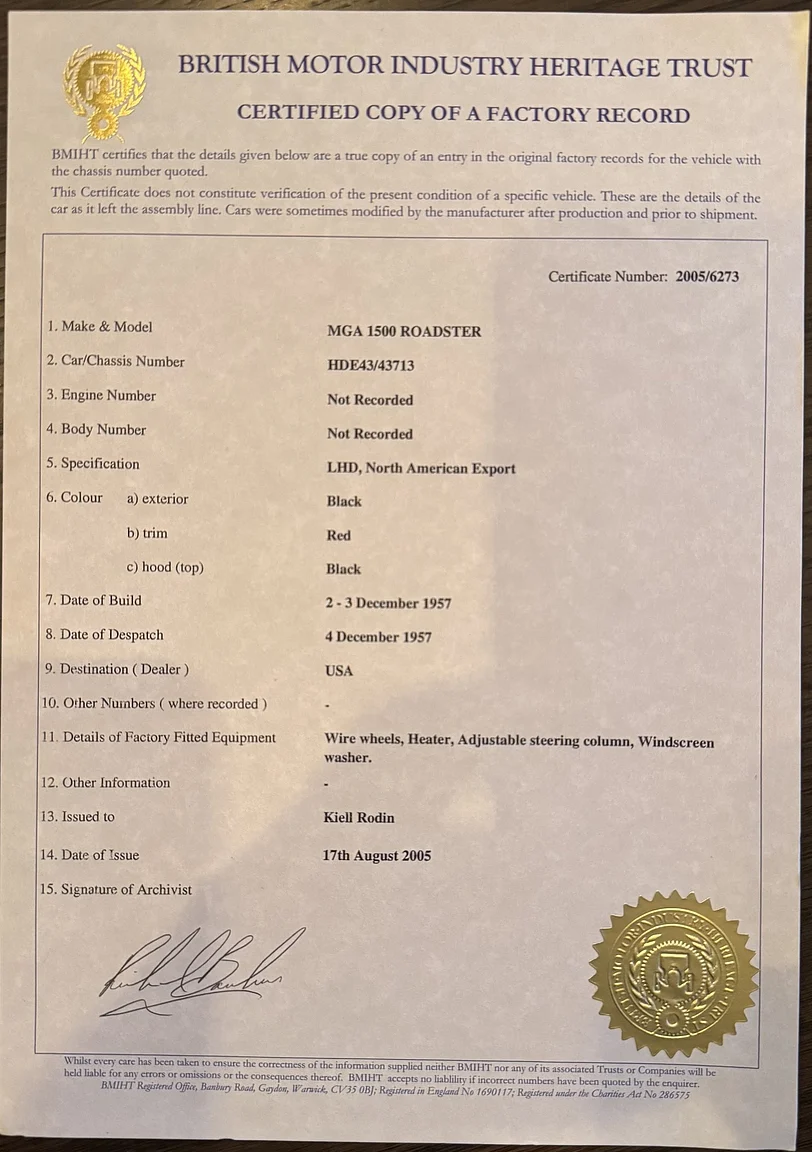 Dokumentation för 1958 MGA 1500 Roadster (1)