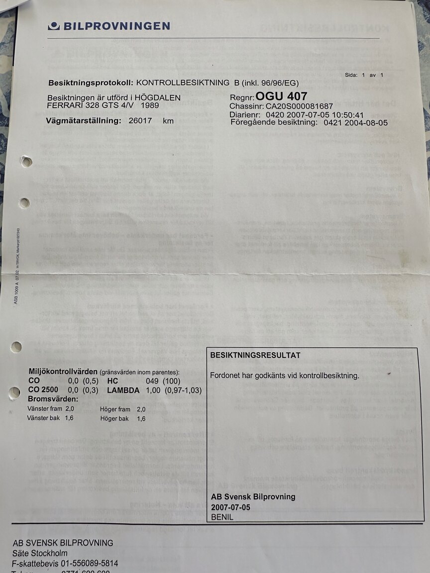 Dokumentation för 1989 Ferrari 328 GTS