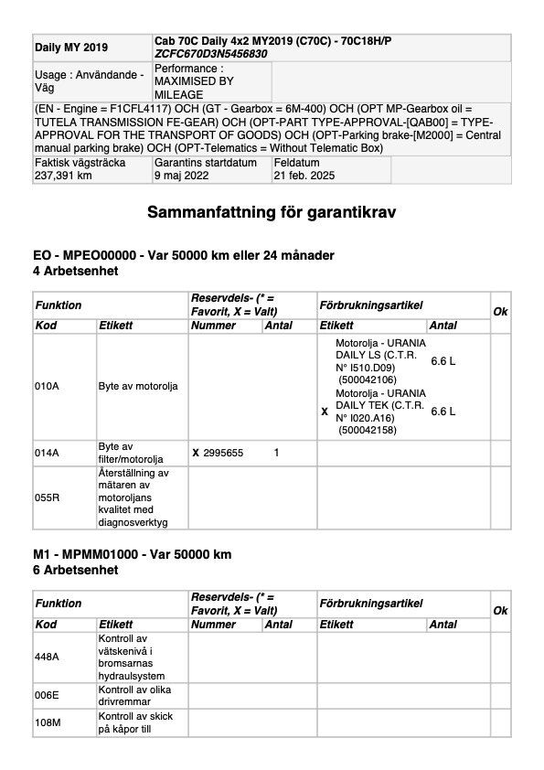 Dokumentation för 2022 Iveco Daily 70-180 Chassis (Biltransport)
