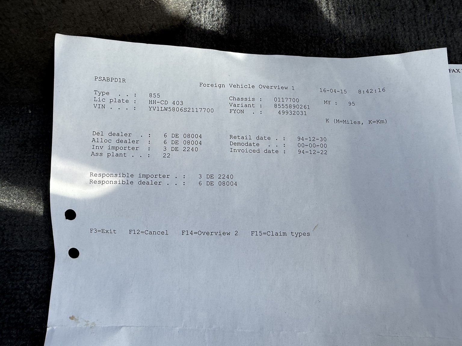 Documentation for 1995 VOLVO 855 T5R T-5R