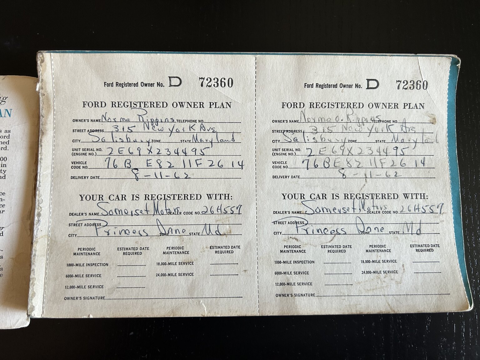 Documentation for 1962 Ford Galaxie 500 XL Sunliner