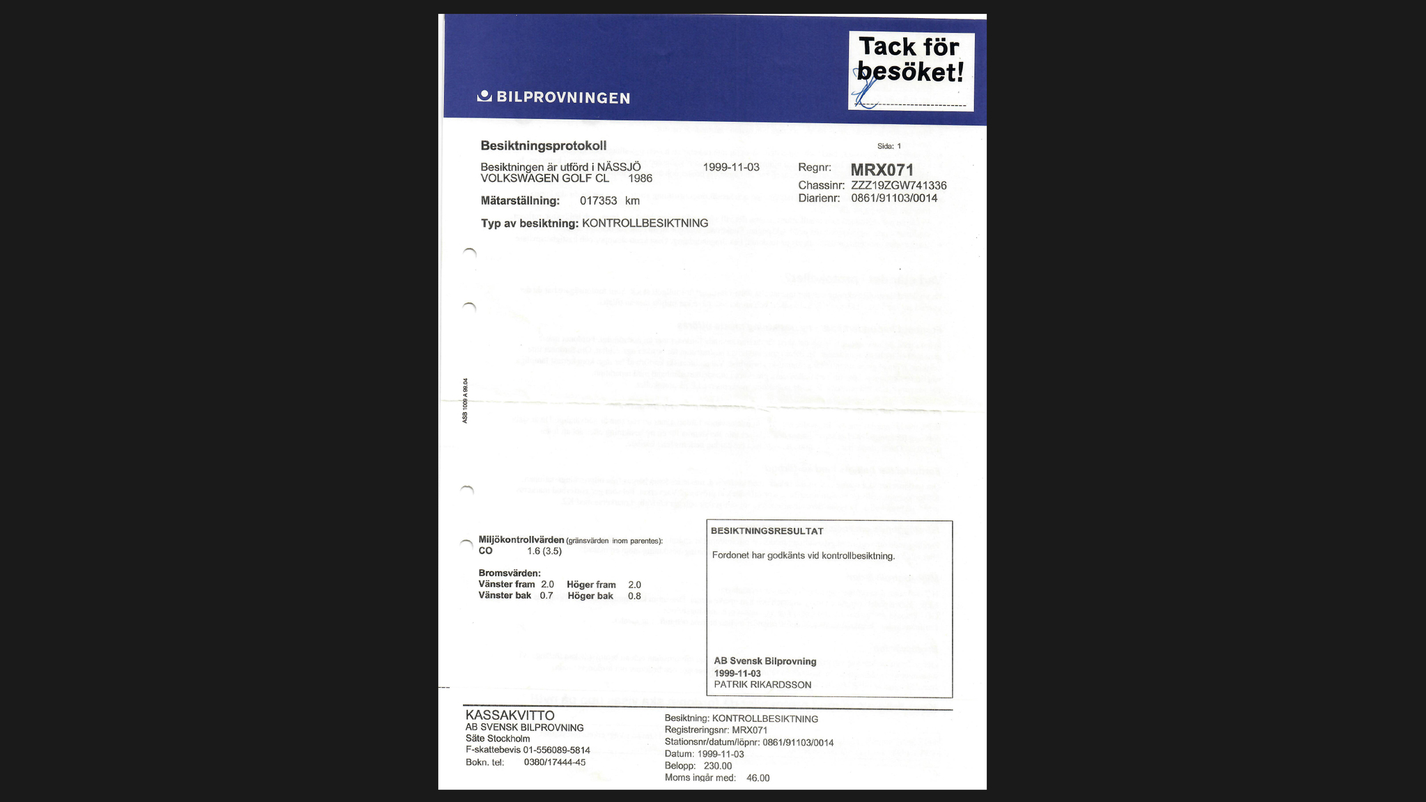 Dokumentation för 1986 Volkswagen Golf CL