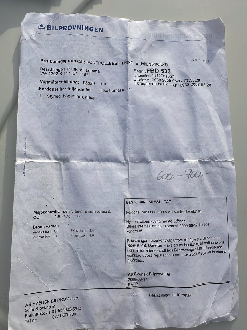 Documentation for 1971 Volkswagen Beetle 1302 S