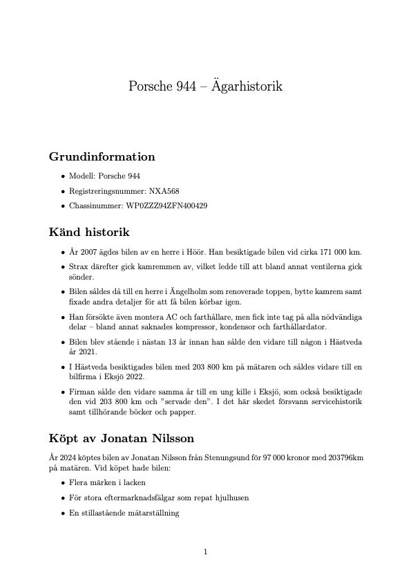 Dokumentation för 1985 Porsche 944 "NO RESERVE AUCTION"