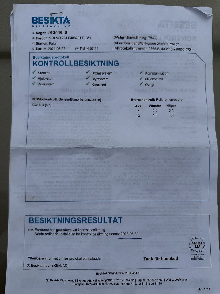 Documentation for 1976 Volvo 264 V6 GL Automatisk