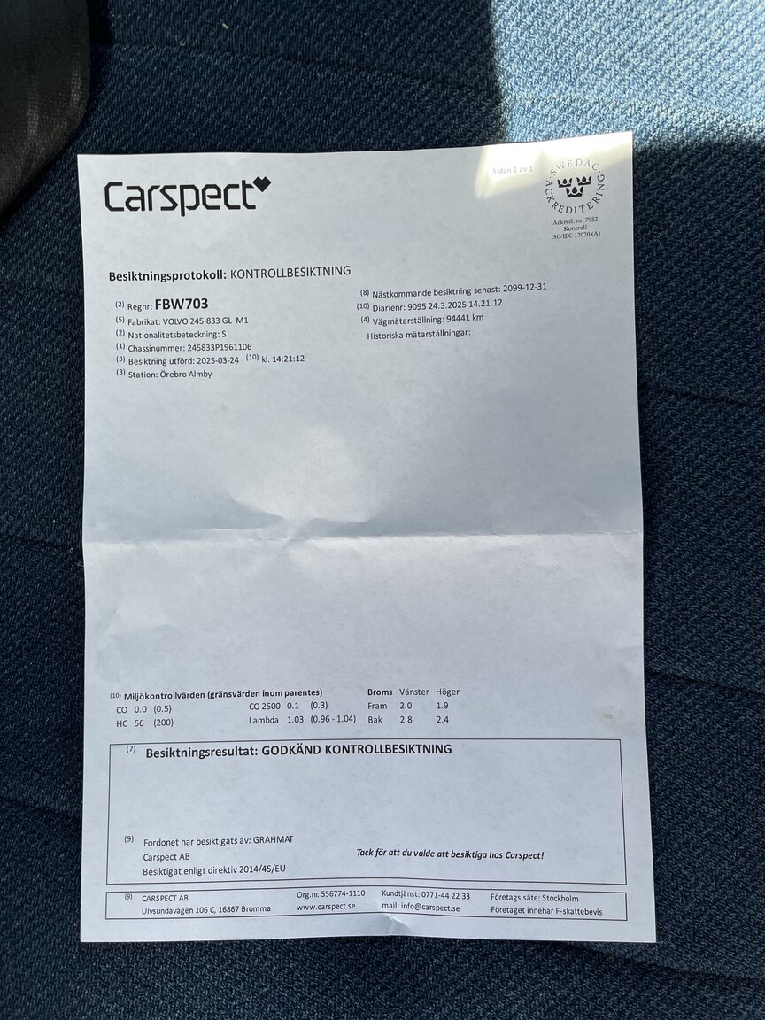 Dokumentation för 1993 Volvo 245 GL