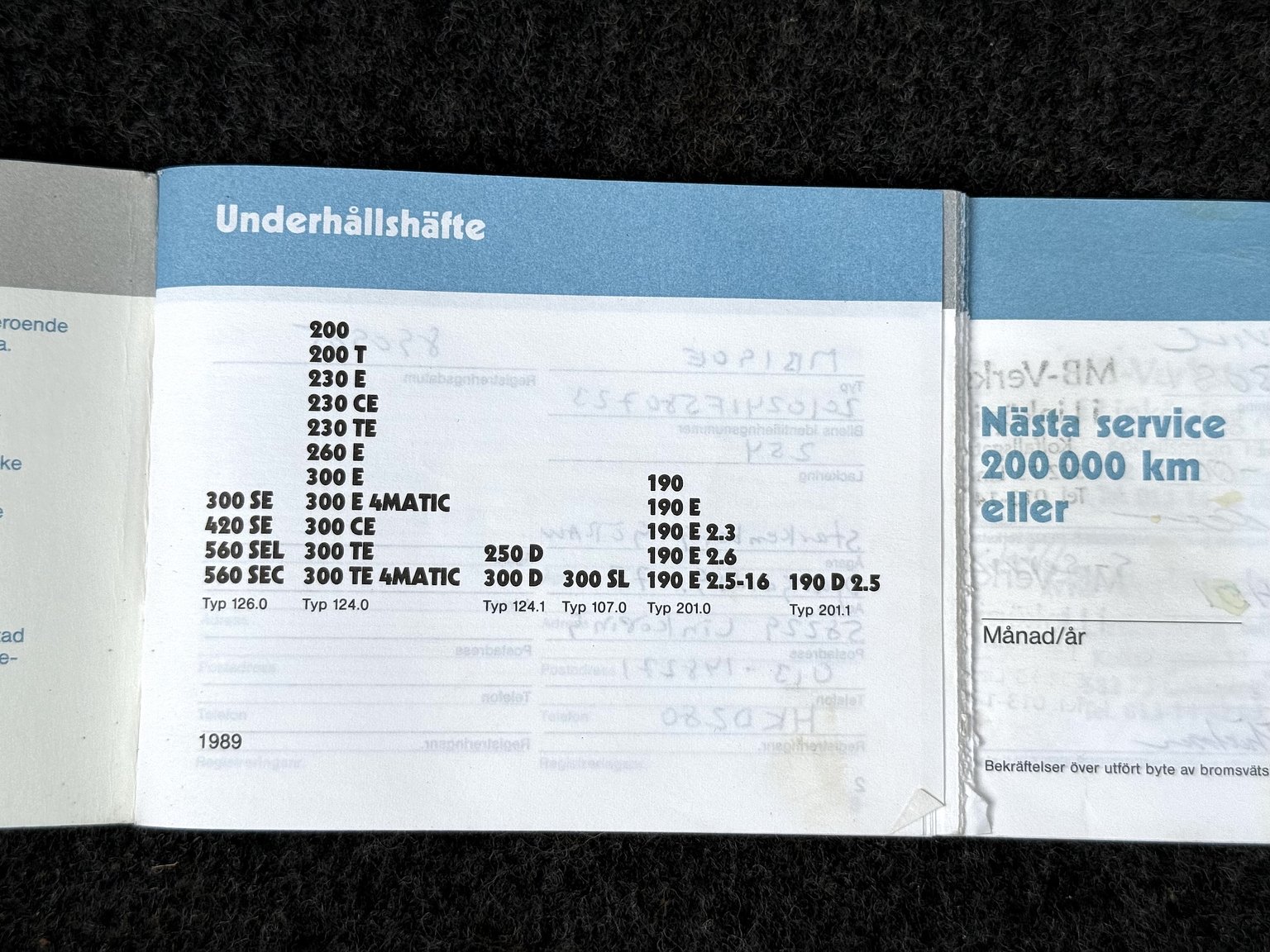 Documentation for 1989 Mercedes-Benz 190 E