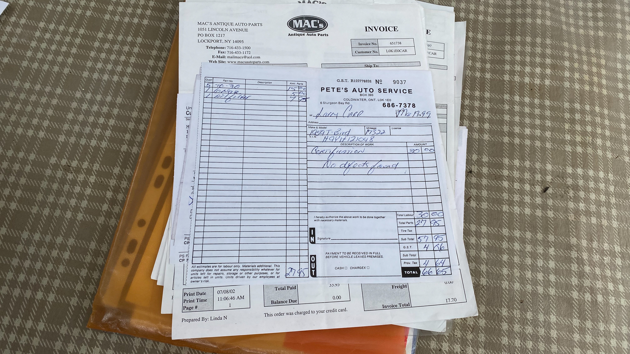 Documentation for 1959 Ford Thunderbird hardtop