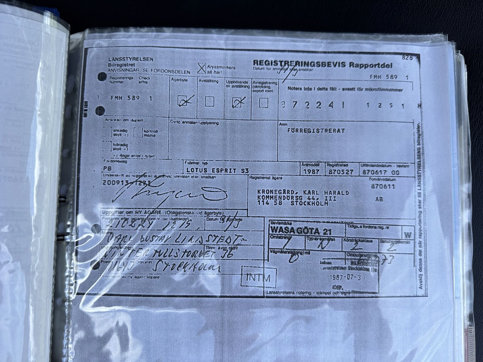 Dokumentation för 1987 Lotus Esprit S3