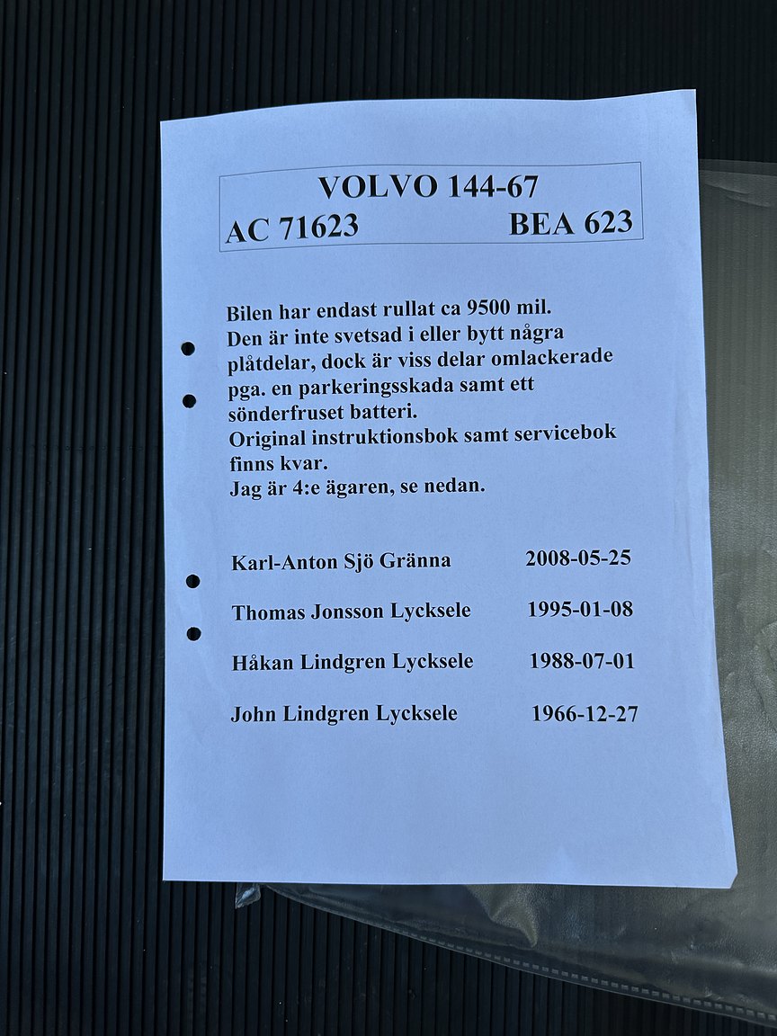Documentation for 1967 Volvo 144 1.8 