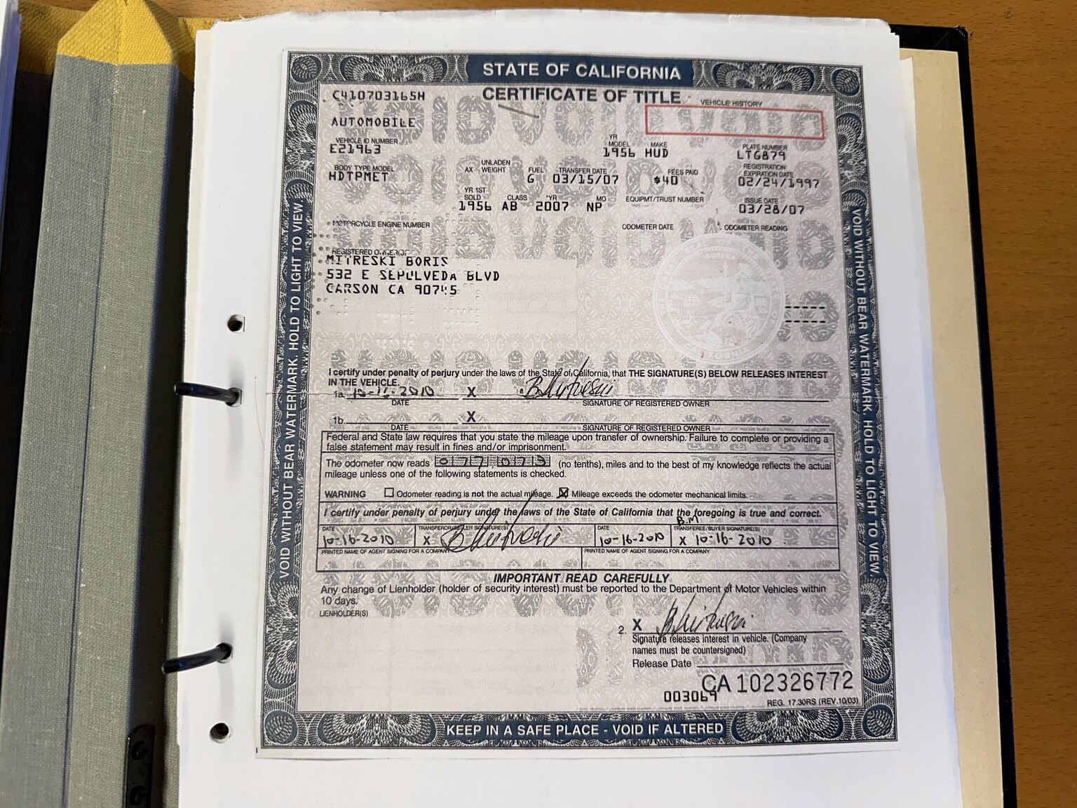 Documentation for 1956 Hudson Metropolitan