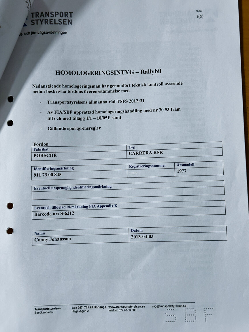 Documentation for 1977 Porsche 911 RSR Rallycar