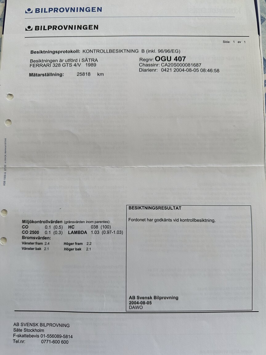 Dokumentation för 1989 Ferrari 328 GTS