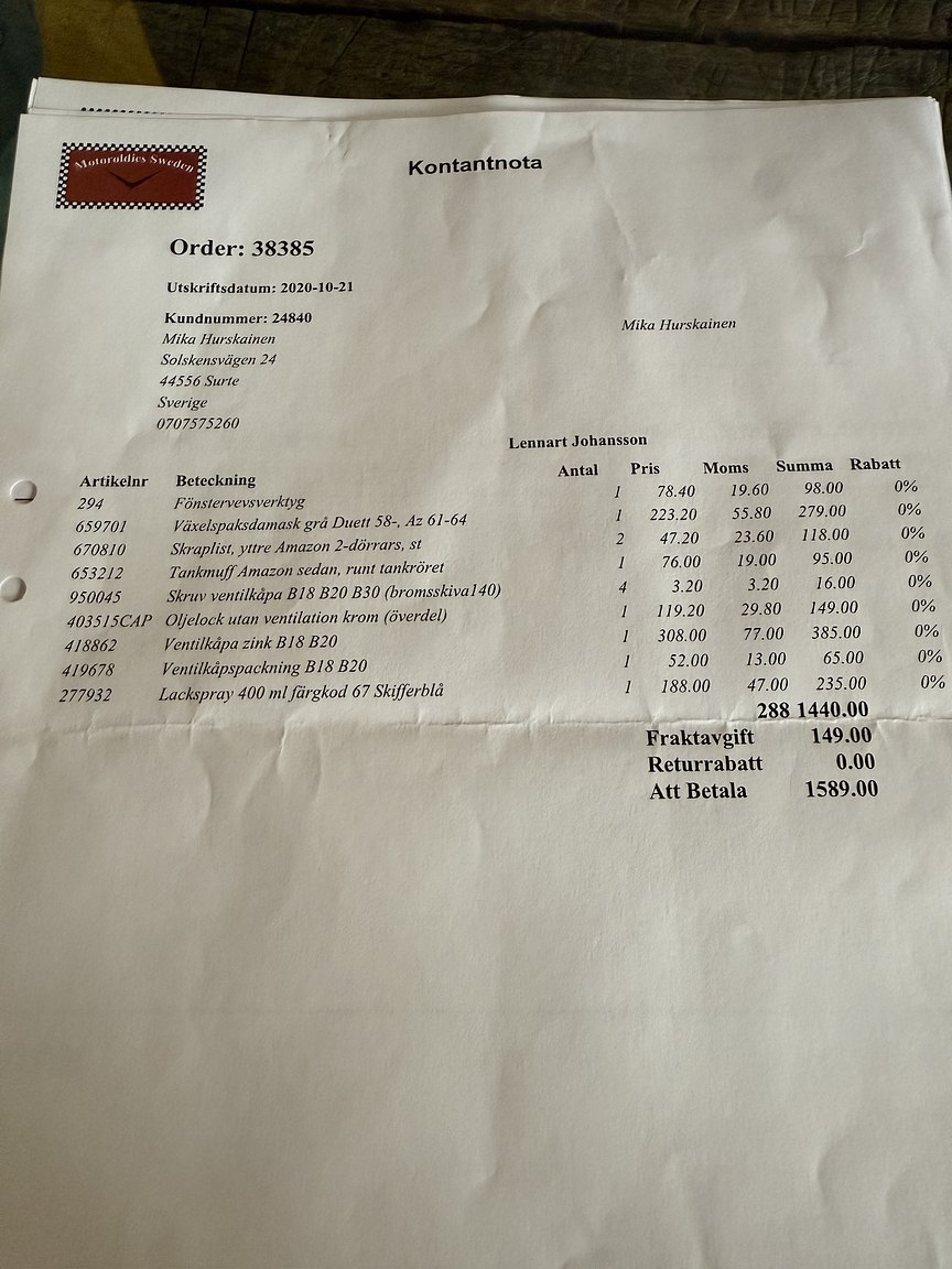 Documentation for 1964 Volvo Amazon 121 P130