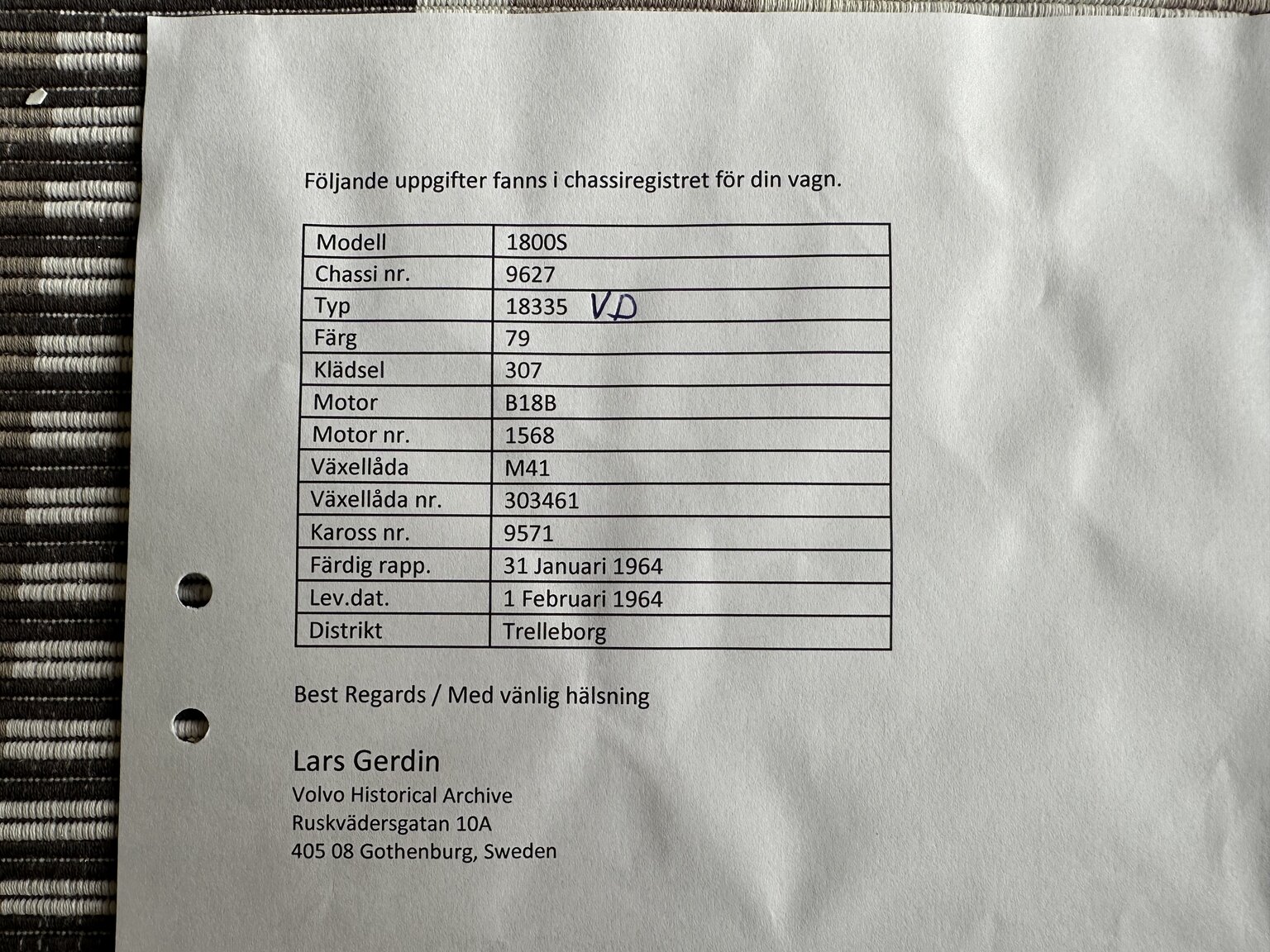 Documentation for 1964 Volvo P 1800 S