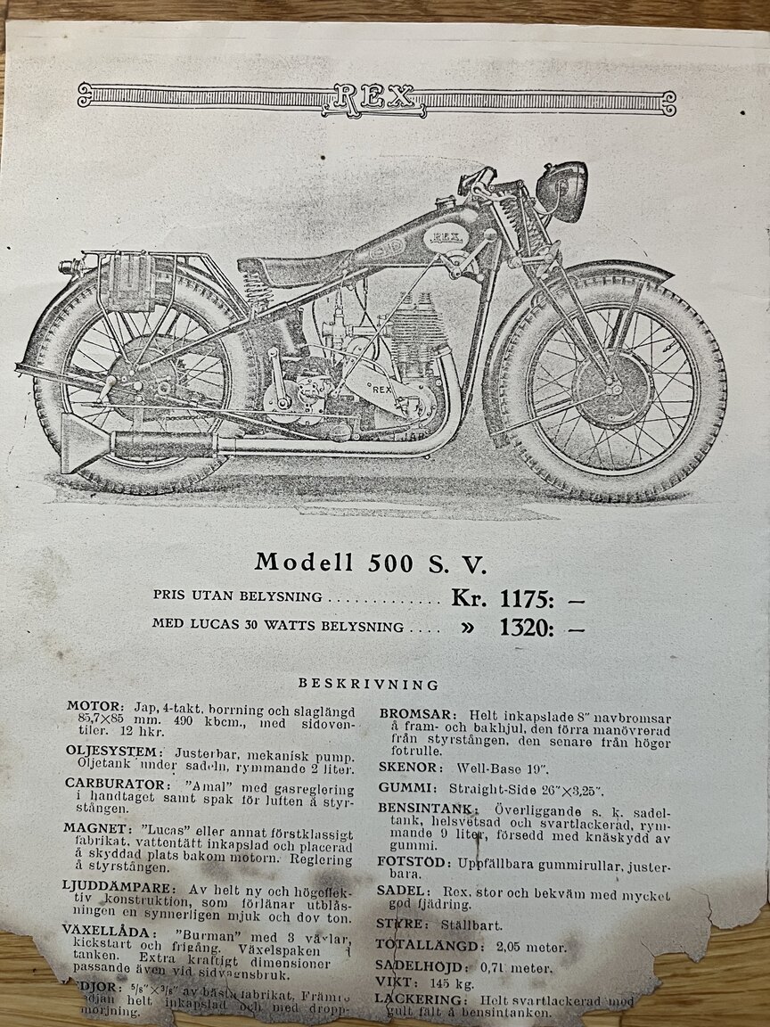 Dokumentation för 1929 REX 500cc